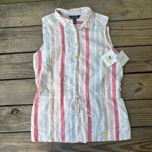Ellen Tracy NWT Hibiscus Striped 100% Linen Top